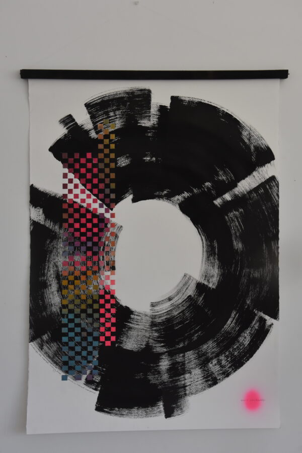 Helen Tate Enso circle (1 of 3) Paper, paint, spray paint, fabric and weaving 70 x 100 cm